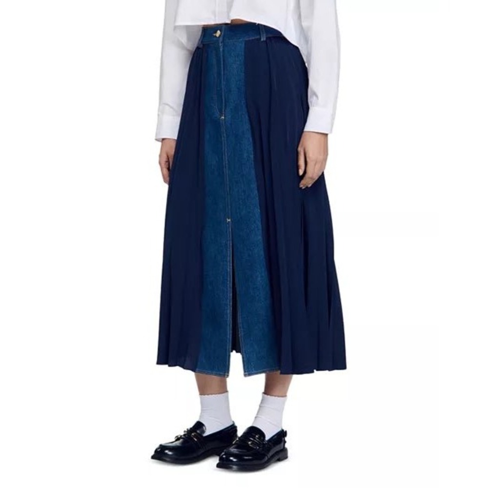Sandro Paris Pleated Denim Midi Skirt Navy Blue Mixed Media Coastal Cowgirl 38 M